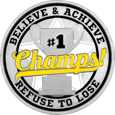 Yellow "Champs!" with Black Outer Circular Borders